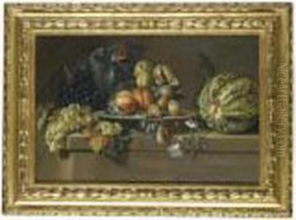A Still Life With Figs, Grapes, Peaches, Plums And A Watermelon On A Ledge Oil Painting by Maximilian Pfeiler
