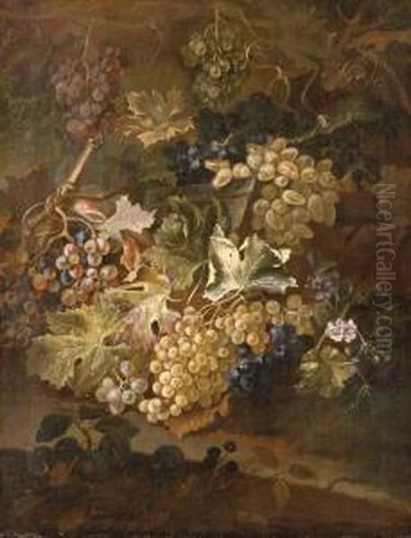 Grapes On The Vine And Blackberries On A Stone Ledge Oil Painting by Maximilian Pfeiler