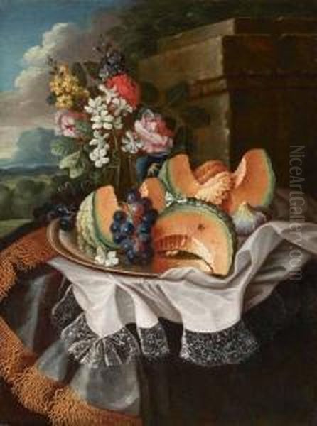 Natura Morta Con Uva E Melone Su
 Un Piatto, Bouquet Di Fiori E Tovaglia Ricamata In Fondo Di Paesaggio Oil Painting by Maximilian Pfeiler