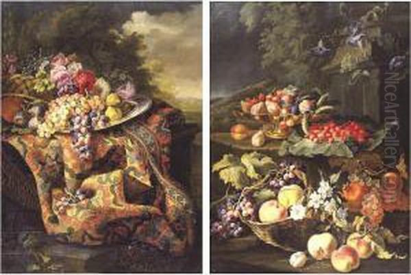 Still Life Of Figs And Grapes On
 A Pewter Platter With A Basket Of Flowers On A Carpeted Ledge, With A 
Wooded Landscape Beyond; Still Life Of Plums And Cherries In A Tazza 
Resting On A Ledge With Wild Strawberries On A Large Leaf, A Basket With
 Gr Oil Painting by Maximilian Pfeiler