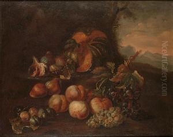 A Melon, Figs, Plums And Grapes In A Landscape With Mountains Beyond Oil Painting by Maximilian Pfeiler