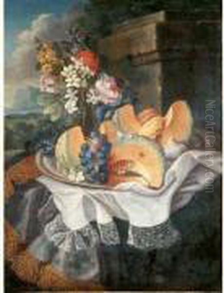 Nature Morte Au Plat De Melon Et
 Raisin Bouquet De Fleurs Et Nappe Brodee Sur Fond De Paysage Oil Painting by Maximilian Pfeiler