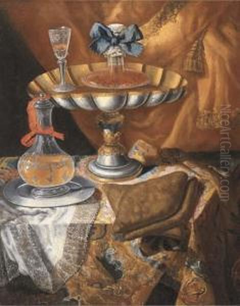 A Wine Glass On A Silver-gilt Tazza, With A Glass Jug On A Drapedtable, By A Curtain Oil Painting by Maximilian Pfeiler