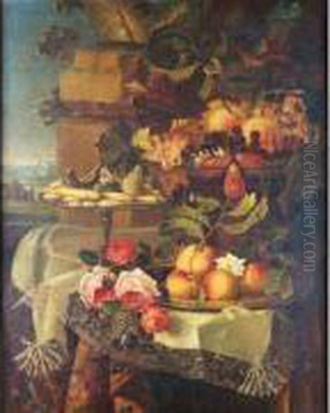 Nature Morte Aux Coupes De 
Fruits, De Biscuits Et Aux Roses Disposees Sur Une Nappe Brodee Oil Painting by Maximilian Pfeiler