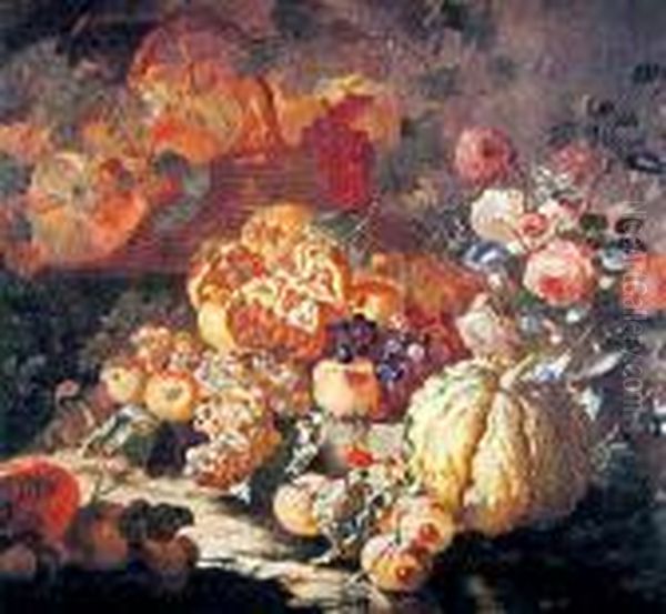 Martwa Natura Z Winogronami, Owocami Granatu I Kwiatami Oil Painting by Maximilian Pfeiler