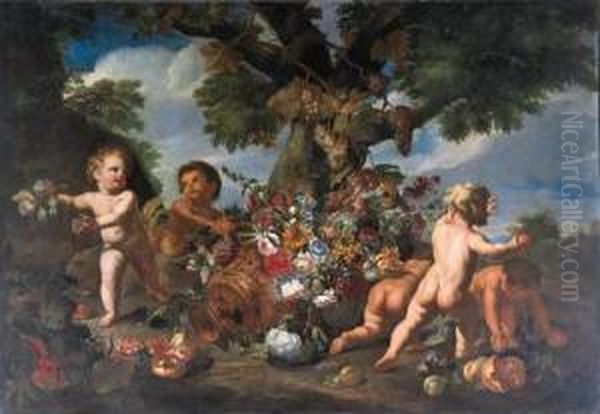 Putti Playing With Fruit By An Upturned Urn Of Flowers Oil Painting by Maximilian Pfeiler