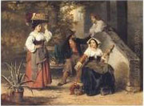 Attributed To , The 
Woolspinners, Falsely Signed And Dated, Oil On Panel, 33 X 44 Cm.; 13 X 
17 1/4 In Oil Painting by Karel Frans Philippeau