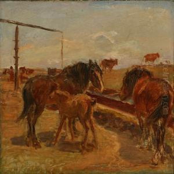 Horses At Gammelgard's Well, Saltholm Island Oil Painting by Theodor Esbern Philipsen