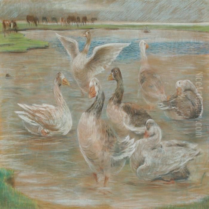 Geese And Cows Atthe Watering Place Oil Painting by Theodor Esbern Philipsen