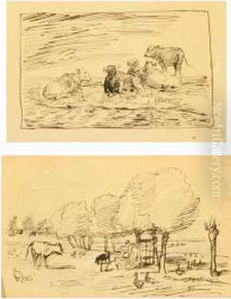 Girl Feeding Theanimals And Landscape With Cows Oil Painting by Theodor Esbern Philipsen