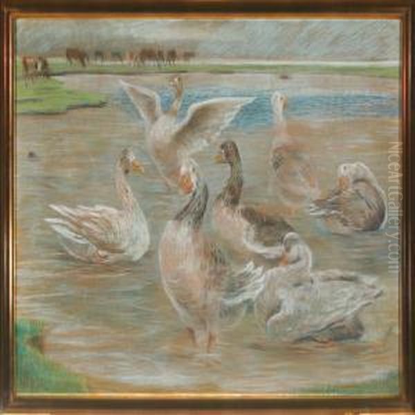 Geese And Cows Atthe Watering Place Oil Painting by Theodor Esbern Philipsen