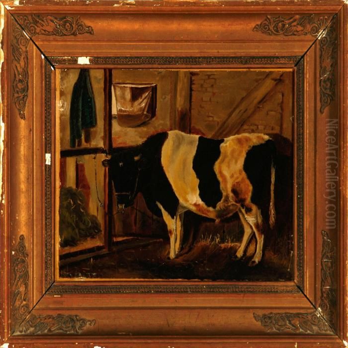 Black-and-white Bull In The Stables Oil Painting by Theodore Esbern Philipsen