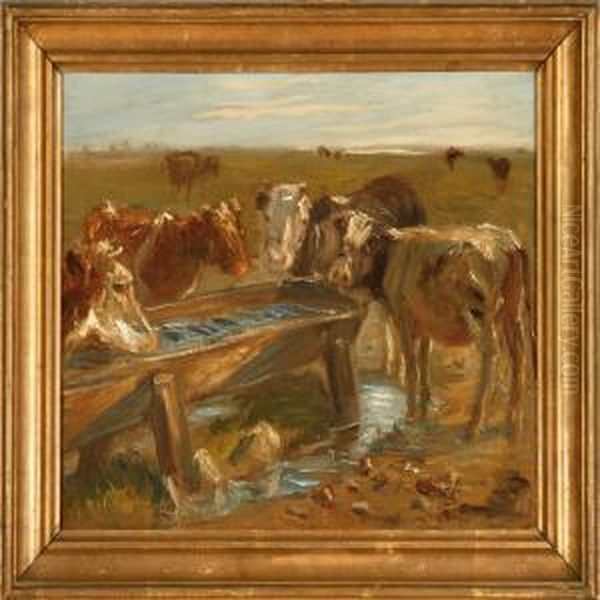 Kalve Ved Vandrenden Oil Painting by Theodore Esbern Philipsen