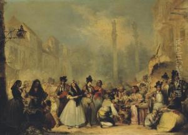 Figures On The 'almeda De Hercules', Seville Oil Painting by John Phillip