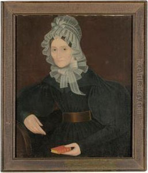 A Portrait Of A Lady Wearing An 
Elaborate Lace Bonnet And Matching Collar, And Holding A Red Bible Oil Painting by Ammi Phillips