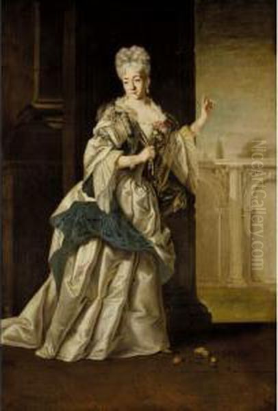 A Portrait Of A Noblewoman, Full
 Length, Standing In A Classical Palace And Wearing A White Satin Dress 
And Pearl Neclace Oil Painting by Dalle, Il Mulinaretto Giovanni Maria Piane