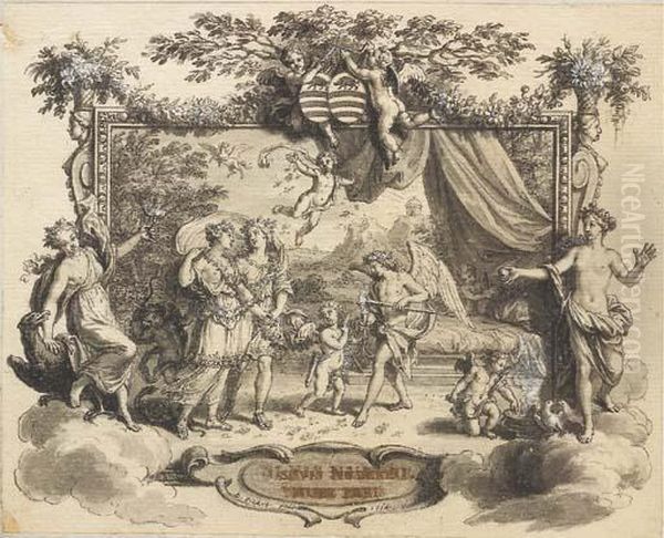 Deux Epoux Guides Par L'amour 
Vers L'hymen Et Se Dirigeant Vers Lelit Nuptial, Dans Un Encadrement Et 
Flanque De Venus Et Hebe, Deuxputti Portant Les Armes Du Marquis De 
Calviere Oil Painting by Bernard Picart