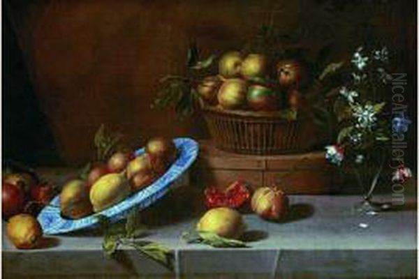Nature Morte Aux Plat De 
Citrons, Panier De Bigarades Et Vase De Fleurs Sur Un Entablement Oil Painting by Jean Picart