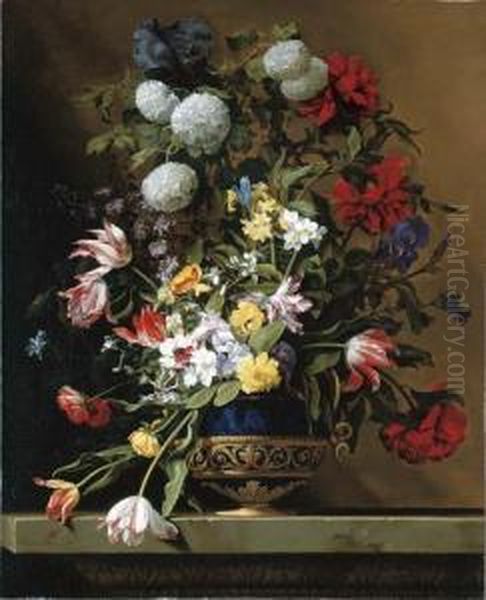 Chrysanthemums, Tulips, Irises, 
Peonies And Other Flowers In Alapis Vase With Gilt Ormolu On A Sculpted 
Stone Ledge Oil Painting by Jean Picart