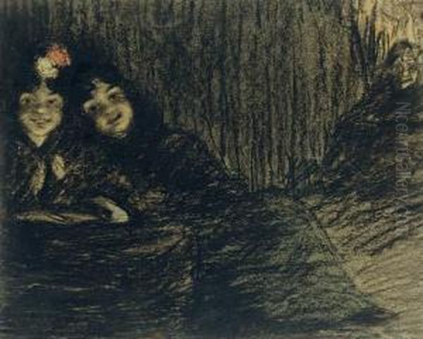 Dos Jovenes Y Su Duena Oil Painting by Ramon Pichot Giron&egrave;s