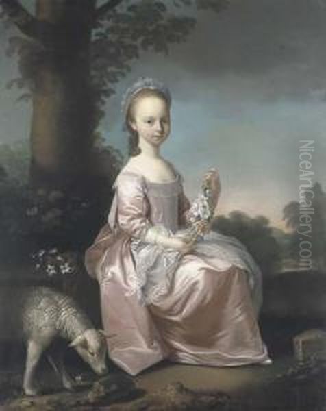 Portrait Of Margaret Smith, Of 
Cotescue, Full-length, Seated, In Apink Dress With White Lace Apron, 
Holding A Garland Of Flowers, Ina Landscape With A Sheep Oil Painting by Henry Pickering