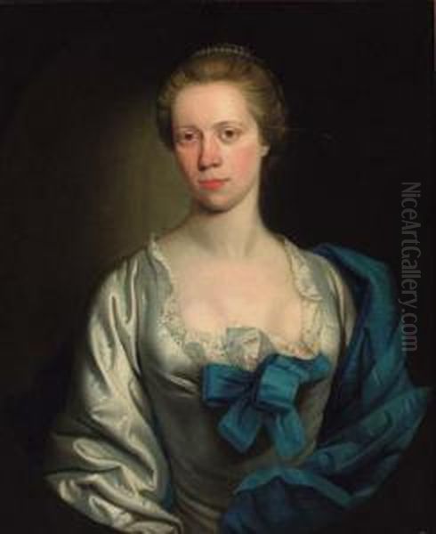 Portrait Of A Lady, Half-length,
 In A White Dress Trimmed Withlace, With A Blue Shawl, Feigned Oval Oil Painting by Henry Pickering
