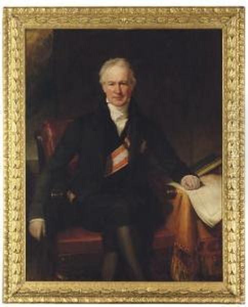 Baron Alexander Von Humboldt, 
Seated Three-quarter Length, Wearing The Star And The Broad Band Of The 
Order Of The Red Eagle, One Hand Resting On A Map On A Draped Table Oil Painting by Henry William Pickersgill