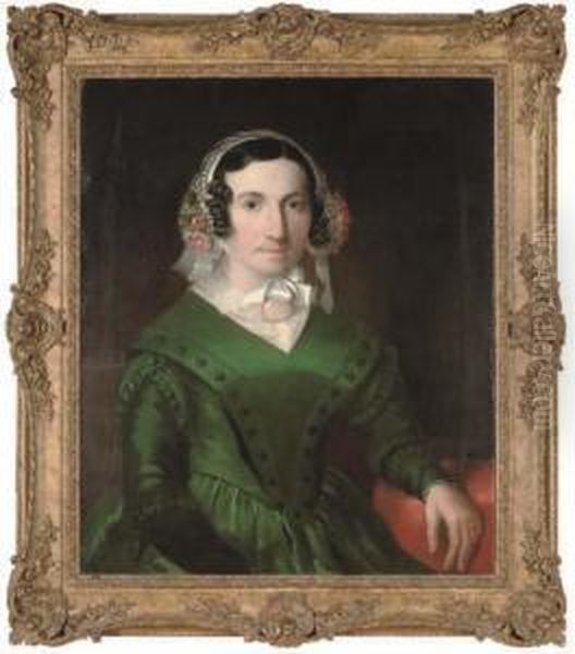 Portrait Of Jane Turner Nee 
Stubbins, Half-length, In A Green Dress, And Lace Bonnet With Flowers Oil Painting by Henry William Pickersgill