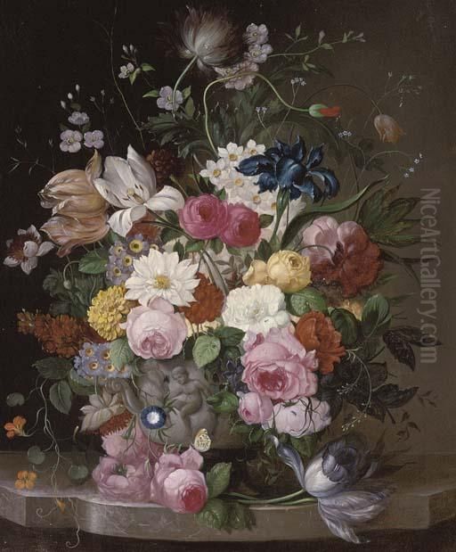 Summer Blooms In A Classical Urn Oil Painting by Frans Xaver Pieler