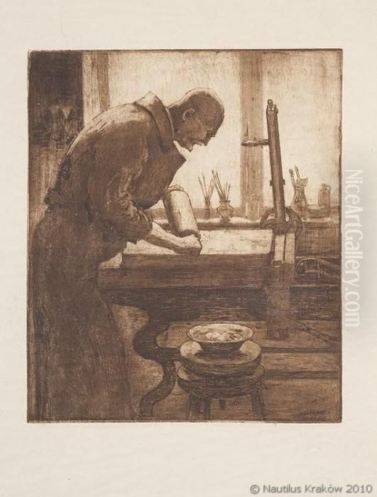 Prof. Leon Wyczolkowski W Swojej Pracowni W Krakowie Oil Painting by Jozef Pieniazek