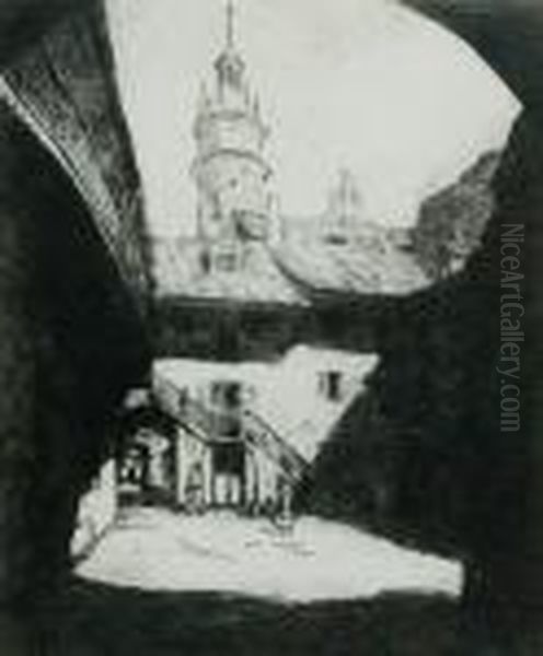 Podworko Na Kazimierzu W Krakowie Z Wieza Kosciola Bozegociala Oil Painting by Jozef Pieniazek