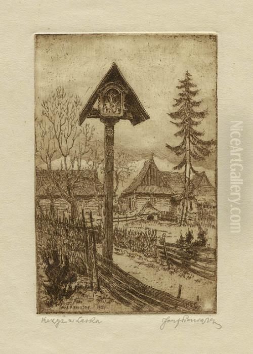 Krzyz Przydrozny W Lasku Na Podhalu, Ok. 1927 Oil Painting by Jozef Pieniazek