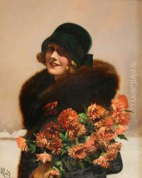 Halflength Portrait Of A Young 
Lady Wearing A Green Hat And Fur Coatwhilst Holding Chrysanthemums Oil Painting by Harold Piffard