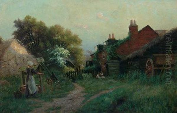 Drawing Water In The Early Morning From A Well In The
 Farmyard Oil Painting by Sidney Pike