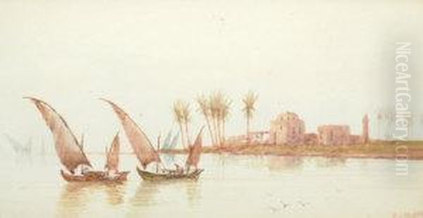 Fishermen On The Nile; Watercolour, Signed, 14x27cm Oil Painting by Douglas Houzen Pinder