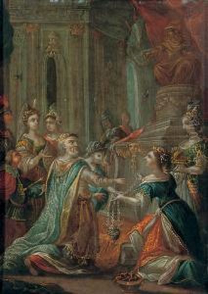 A King Offering Incense At A Shrine To Minerva Oil Painting by Johann Georg Platzer