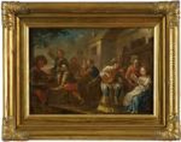 An Einer Dorfschenke 
Versammelte, Ausgelassen Feiernde Gesellschaft Zechender Bauern Und 
Liebespaare. Im Hollandischen Stil Des 17. Jh.s Gemalte Genreszene 
Platzers, Dessen Oft Miniaturhaft Fein Gemalten Kabinettbilder Ihm Den 
Beinamen Oil Painting by Johann Georg Platzer