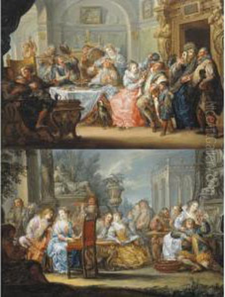 Interior With Elegant Figures In
 Masquerade Costume Feasting; A Music Party In The Grounds Of An 
Italianate Villa Oil Painting by Johann Georg Platzer