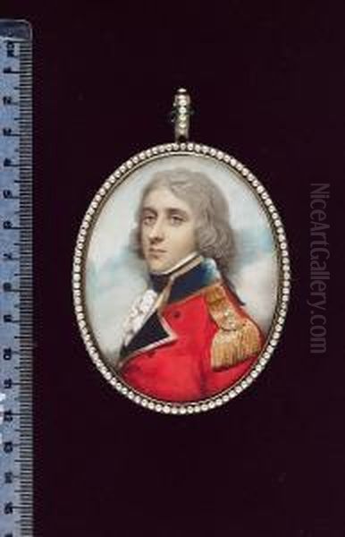 An Officer, Wearing Scarlet Coat
 With The Dark Blue Facings Edged With Broad Gold Lace And Gold 
Epaulette With Grenade Over Star, White Waistcoat, Frilled Chemise And 
Black Stock, His Hair Powdered And Worn Oil Painting by Andrew Plimer