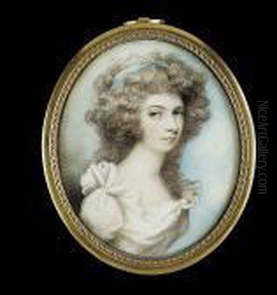 A Lady, Called Mrs Jenny Pigott,
 Wearing White Dress With Frilled Collar And Blue Bandeau In Her 
Powdered Hair Oil Painting by Andrew Plimer