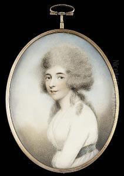 A Lady, Wearing White Dress, 
With Grey-blue Waistband, Her Left Arm Across Her Stomach, Her Hair 
Powdered And Falling Over Her Shoulders Oil Painting by Andrew Plimer