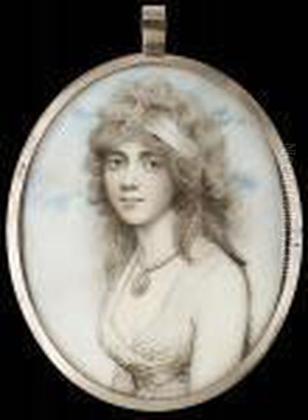 A Lady, Wearing White Dress, 
Bandeau In Her Powdered Hair And Portrait Miniature Of A Gentleman On A 
Pearl Necklace Oil Painting by Andrew Plimer