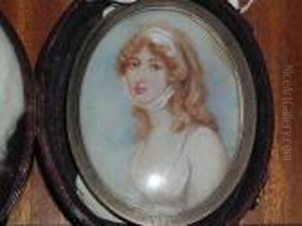 A Miniature Portrait Of A Lady, 
Wearing A White Bandeau Tied Beneath Her Chin And Decollete White Dress Oil Painting by Andrew Plimer