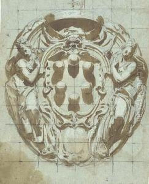 An Elaborate Cartouche With The Medici Arms Flanked By Figures Ofjustice And Wisdom Oil Painting by Bernardino Barbatelli Poccetti