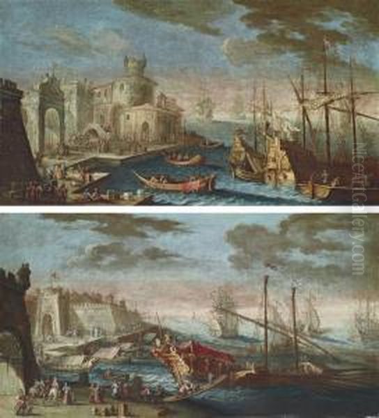 A Mediterranean Harbour With 
Stevedores And Other Figures On The Quay; And A Mediterranean Harbour 
With Figures On The Quay Oil Painting by Gherardo Poli