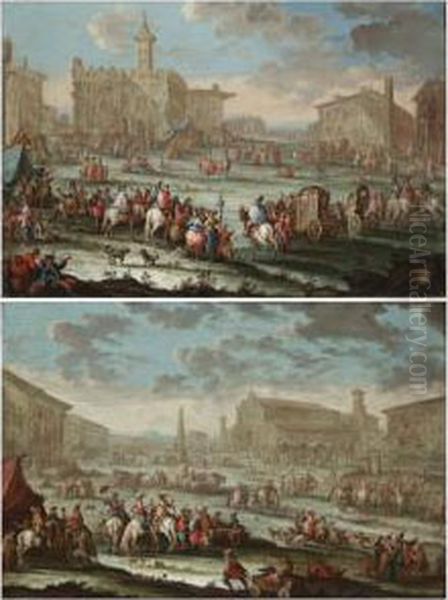 A Capriccio Of A Town With 
Elegant Figures Arriving On Horseback And In Carriages, A Couple Dancing
 In The Centre Of The Square Oil Painting by Gherardo Poli