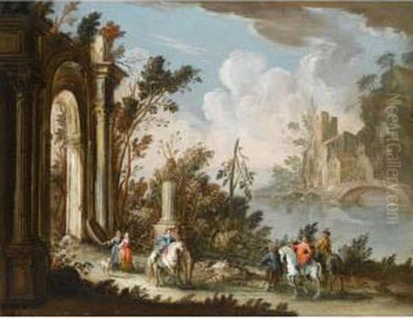 River Landscape With Cavaliers 
Conversing Before Ruins A Bridge And A House 
Beyond Oil Painting by Gherardo Poli