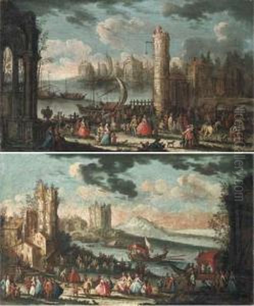 A Capriccio Of A Mediterranean 
Port With Stevedores Unloading Cargofrom A Ship And Elegant Townsfolk 
Promenading; And A Capriccio Of Amediterranean Coastal Town With Elegant
 Townsfolk And Passengers Ina Barge Oil Painting by Gherardo Poli