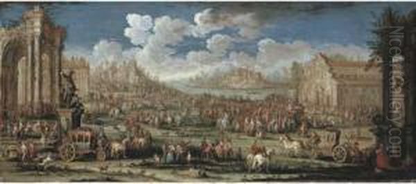 An Architectural Capriccio With 
Elegant Company In Carriages And Other Figures Gathering Around A 
Commedia Dell'arte Performance, A Mountainous Coastline Beyond Oil Painting by Gherardo Poli