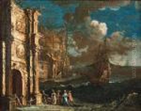 Capriccio Architettonico Di 
Rovine Antiche, Con Una Porta Diroccatadi Ordine Corinzio Ornata Da Vari
 Rilievi Marmorei, Presso Unacosta Mediterranea Con Astanti In Costumi 
Galanti Ed Un Velieroalla Fonda Oil Painting by Gherardo Poli